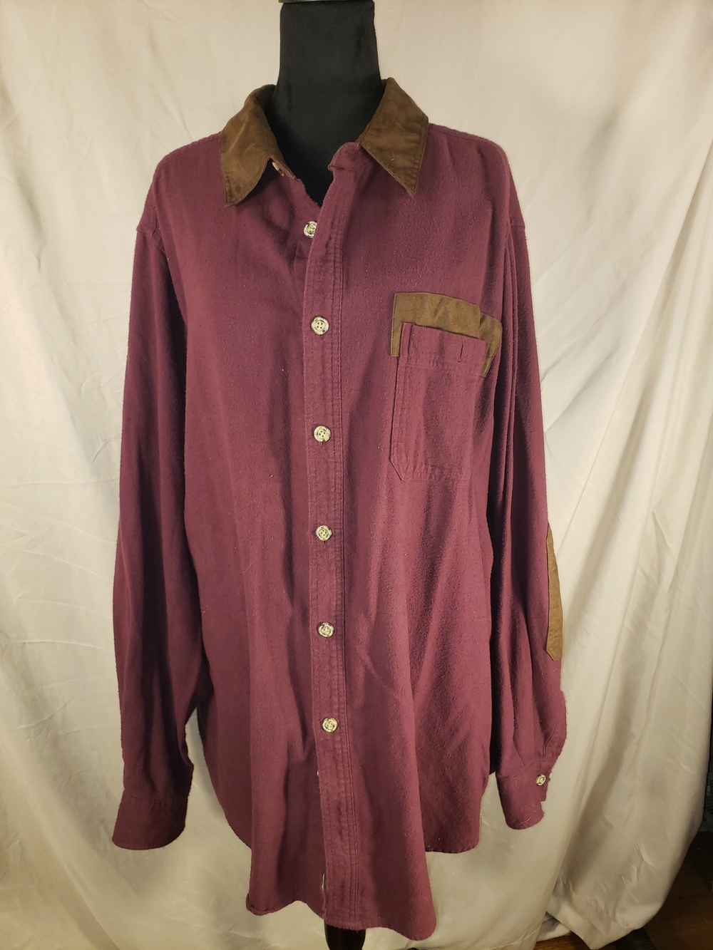 Men's Boulder Creek Burgundy Button-Down Shirt with Brown Leather Patches-2XLT